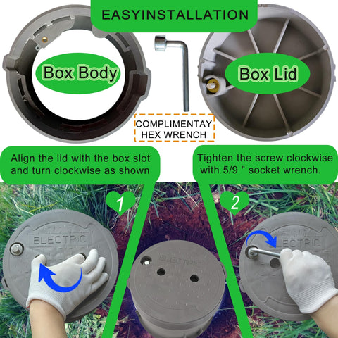 Installation steps of 10 Inch Underground Electrical Junction Box For Outdoor Wiring In Ground Splice Box With Removable Lid, Heavy Duty PVC Construction, Weatherproof Plastic Box For Safe Yard Electrical Connections shown with tools and hands tightening lid.