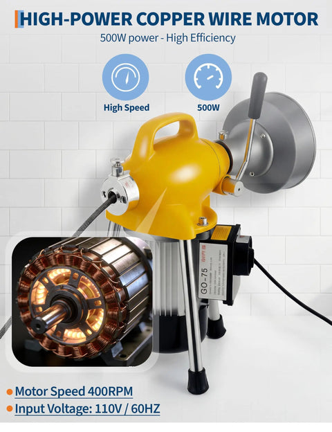 Built Tough Electric Drain Cleaner With Auto Feed Sewer Snake And 500W Motor for cleaning clogs with high-power copper wire motor.