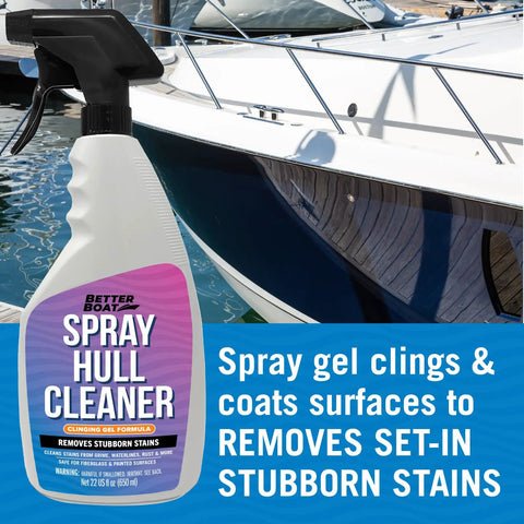 Fiberglass Boat Hull Cleaner Gel 22oz Marine Grade Tough Stains Remover bottle beside boat hull
