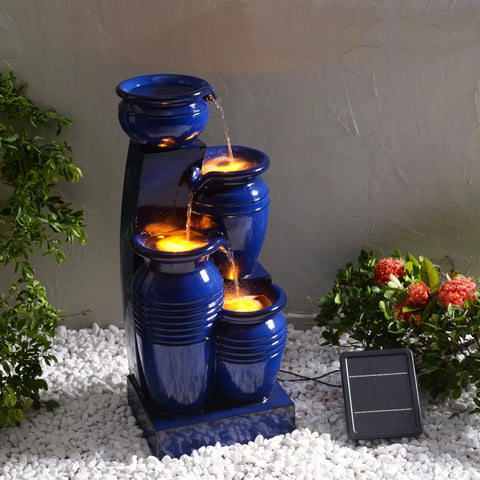 4 Tier Cascading Solar Powered Water Fountain with Navy Finish Illuminated by LED Lights outdoor garden water feature