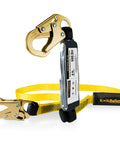 Rock Solid 6 Foot Flat Safety Lanyard With Quick Deploy Shock Absorber And Heavy Duty Yellow Webbing, featuring hooks and safety label.