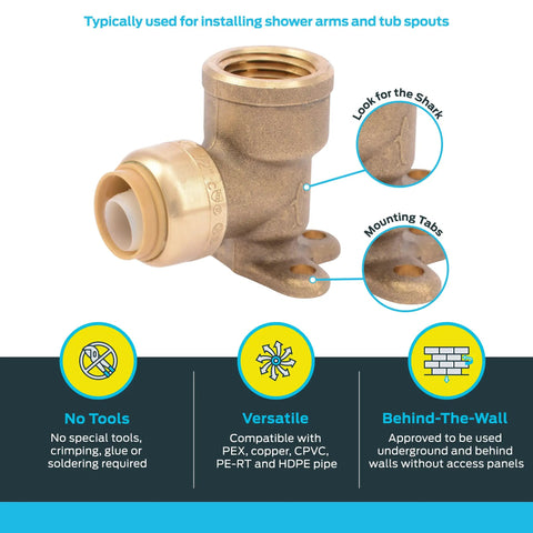 One Half Inch Push To Connect Brass Drop Ear Elbow FNPT 90 Degree Plumbing Fitting For PEX Copper CPVC PERT HDPE Piping With Mounting Ears For Quick No Fuss Fit In Tight Spaces U334LFA