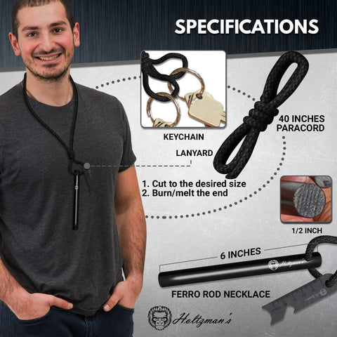 Man wearing Ferro Rod Fire Starter Kit With Paracord And Scraper, 6 Inch Long, showing specifications and components