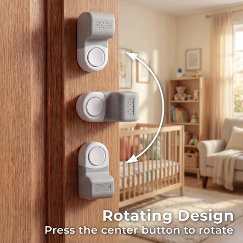 Heavy Duty 4 Pack Door Pinch Guards That Save Littles From Darn Door Slams And Keep The Nursery Secure With A Quick No Tool Installation Process Inside Any House, showcasing rotating design on a wooden door.