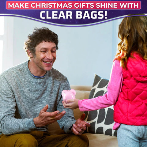 Child giving a packaged gift using 200 Pack Heat Shrink Wrap Bags In Three Sizes 3.93 X 5.90 Inches 7.67 X 9.64 Inches And 9.64 X 11.61 Inches Clear PVC Film.