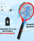 Electric Bug Zapper Swatter 2 Pack, 3000V Grid Racket With Safety Mesh, Handheld Mosquito And Fly Killer, AA Batteries Required Not Included, shown against a backdrop of flying insects, highlighting power button.
