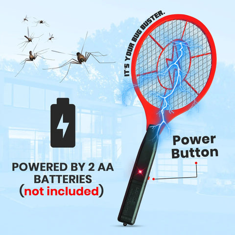 Electric Bug Zapper Swatter 2 Pack, 3000V Grid Racket With Safety Mesh, Handheld Mosquito And Fly Killer, AA Batteries Required Not Included, shown against a backdrop of flying insects, highlighting power button.