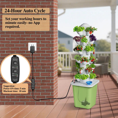 Hydroponics Growing System Kit With 30 Pot Vertical Garden Tower Pump And Timer on patio, connected to power outlet