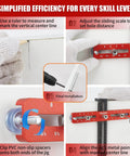 Guide for easily aligning cabinet hardware using a precision adjustable jig with multiple hole spacings and self-centering drill guide.