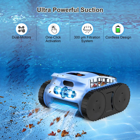 Cordless Robotic Pool Cleaner For Inground Pools 2026 Upgrade, shown underwater with debris, highlighting suction power.