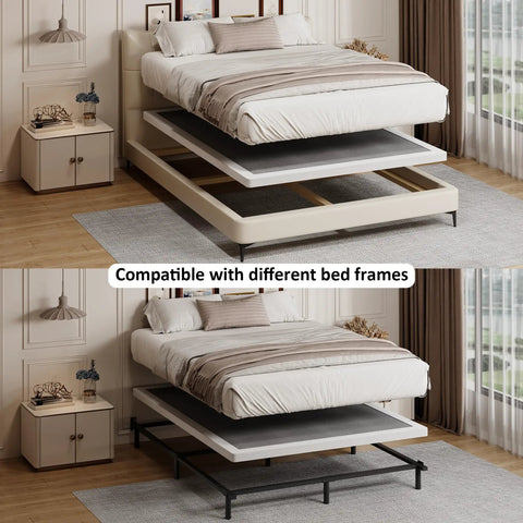 King Size 2 Inch Low Profile Box Spring Heavy Duty Bunkie Board Mattress Foundation With Fabric Cover shown with bed frames.