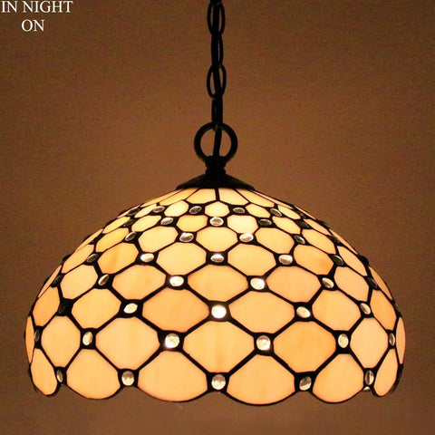 Tiffany Style Cream Amber Bead Stained Glass Pendant Light Fixture, 12 Inch Wide Shade, 32 Inch Hanging Cord With 24 Inch Chain