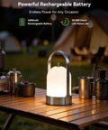 Battery Powered Outdoor Lantern Table Lamp Waterproof 4000mAh Cordless Rechargeable 4 Level Touch Dimmable Lit Night Light for Patio Camping Restaurant on a wooden table outdoors at night.