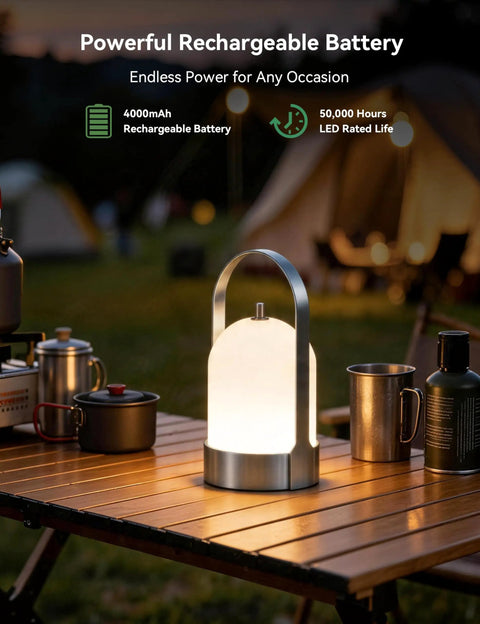 Battery Powered Outdoor Lantern Table Lamp Waterproof 4000mAh Cordless Rechargeable 4 Level Touch Dimmable Lit Night Light for Patio Camping Restaurant on a wooden table outdoors at night.