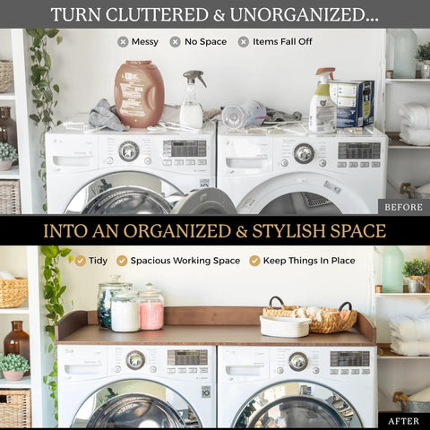Before and after of washer and dryer with Washer And Dryer Countertop Topper With Anti Vibration Pads and Curved Edge Rails in laundry room organizer.
