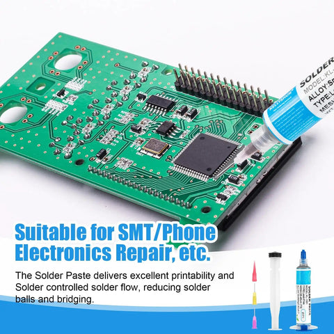 Sn99 Ag0.3 Cu0.7 Lead Free Solder Paste In A 5 Ml Syringe No Clean High Temperature Melt At 217 C With Smooth Flux For Electronics Assembly And Rework 11.2 Percent Flux Content used on PCB