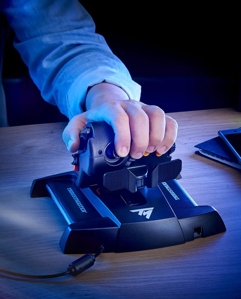Hand using TWCS Throttle For Flight Sim PC USB Controller With Low Profile Design For Precise Smooth Aircraft Control And Immersive Virtual Cockpit Experience Today Pro Grade Gear on desk