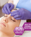 Purple gloves used during a facial procedure, highlighting ambidextrous feature and ideal for personal protection.