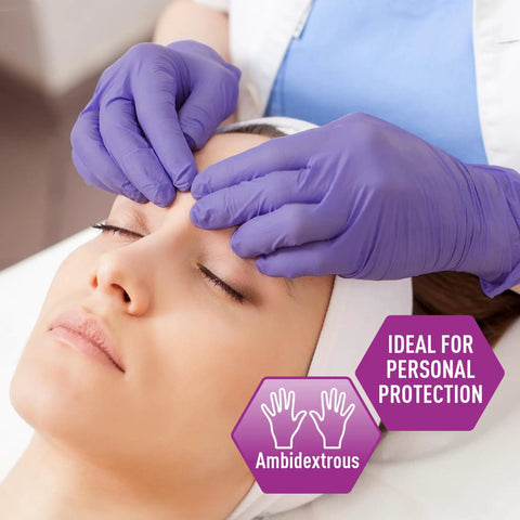Aesthetician wearing Powder Free Nitrile Exam Gloves X Large Pack Of 100 Textured Fingertips performing facial treatment.
