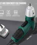 Straight Up 3.6V USB Rechargeable Electric Screwdriver Cordless Automatic Driver Lightweight DIY Workhorse Built For No Sweat Home Repairs And Quick Furniture Assembly In Green with USB charging connection.