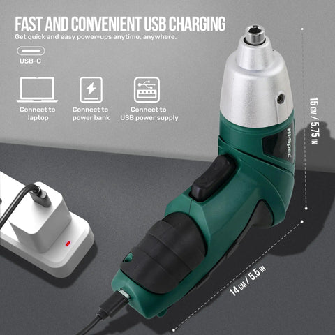Straight Up 3.6V USB Rechargeable Electric Screwdriver Cordless Automatic Driver Lightweight DIY Workhorse Built For No Sweat Home Repairs And Quick Furniture Assembly In Green with USB charging connection.