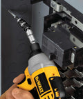 Pivoting Impact Driver Bit Tip Holder With Ring, One Quarter Inch Shank Fits Any Chuck Or Impact Driver, Delivers Up To Two Thousand Inch Pounds Of Torque For Tightening Loosening And Drilling, Durable Steel Construction in use with a drill.