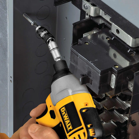 Pivoting Impact Driver Bit Tip Holder With Ring, One Quarter Inch Shank Fits Any Chuck Or Impact Driver, Delivers Up To Two Thousand Inch Pounds Of Torque For Tightening Loosening And Drilling, Durable Steel Construction in use with a drill.