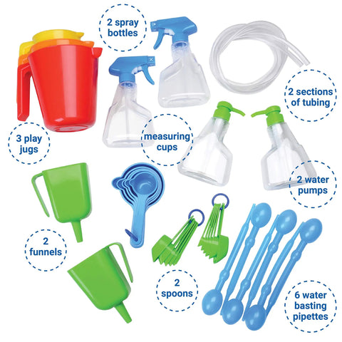 Measure And Pour Water Play Kit For Kids 34 Piece Preschool Science Set With Measuring Cups Spoons Funnels Tubing Spray Bottles