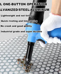 No Nonsense Heavy Duty Pneumatic Rivet Nut Pliers Set With M3 To M12 Tips And 7mm Adjustable Stroke shown in use on sheet metal.