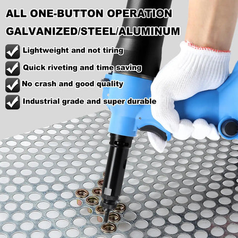 No Nonsense Heavy Duty Pneumatic Rivet Nut Pliers Set With M3 To M12 Tips And 7mm Adjustable Stroke shown in use on sheet metal.