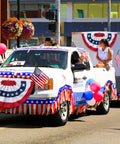 Parade float with 3x6 Ft Pleated American Bunting Flags Outdoor Set for 4th of July and 250th Anniversary in red, white, and blue