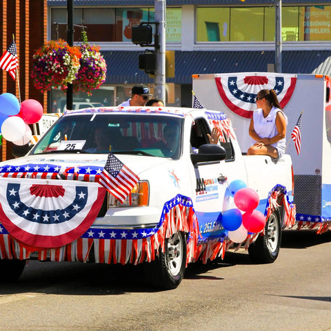 Parade float with 3x6 Ft Pleated American Bunting Flags Outdoor Set for 4th of July and 250th Anniversary in red, white, and blue