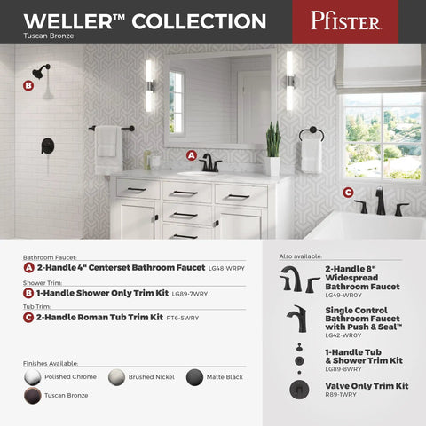 Bathroom display with Weller Roman Tub Faucet 2-Handle Deck Mount Bathtub Filler Trim Kit, Tuscan Bronze Finish, RT65WRY.