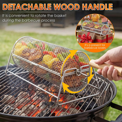 2 In 1 Rolling Grill Basket With Rotating Stand And Hooks Heavy Duty Stainless Steel Rotatable BBQ Mesh Cylinder on grill