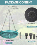 Hanging Bird Bath With Solar Fountain For Outdoors 14.9 Inch Metal Bird Bath Sun Powered Water Feature With 4 Nozzles And 3 Removable Decorative Birds Easy Hang For Patio Garden Porch Yard Gift product components displayed