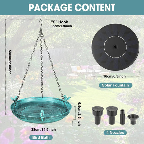 Hanging Bird Bath With Solar Fountain For Outdoors 14.9 Inch Metal Bird Bath Sun Powered Water Feature With 4 Nozzles And 3 Removable Decorative Birds Easy Hang For Patio Garden Porch Yard Gift product components displayed