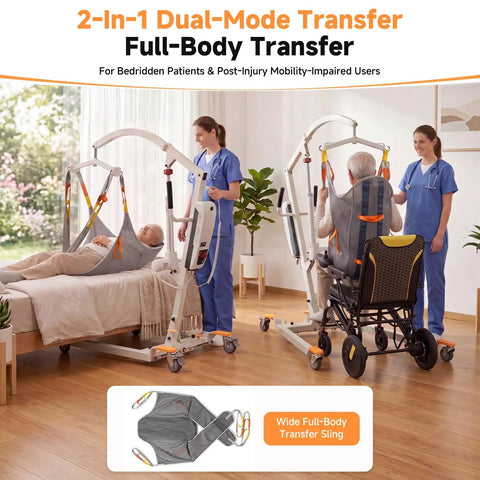 2-in-1 Electric Patient Lift For Seniors With 420 Lbs Capacity Dual Stand Assist And Full Body Suspension Mobility Aid in use with caregivers.