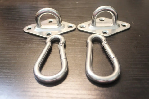 Beefy 1000 Lb Capacity Hammock Hanging Kit with ultra durable stainless steel carabiners and hooks on dark surface.