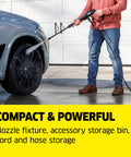 Person using Compact 1700 PSI TruPressure Pressure Washer With 1.2 GPM on car wheel in driveway