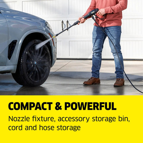 Person using Compact 1700 PSI TruPressure Pressure Washer With 1.2 GPM on car wheel in driveway