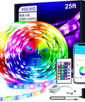 25 ft RGB LED strip lights with remote and Bluetooth app control, showcasing vibrant color options and accessories, product box visible.