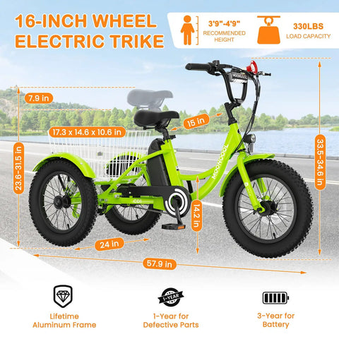Kid Friendly 16 Inch Three Wheel Electric Tricycle For Beginners Youth Ebike With Fat 16 By 3 Inch Tires Disc Brakes Easy Start Stable Smooth Ride Up To 12 MPH Perfect For Neighborhood Rides And Park Fun. green three-wheel electric trike with aluminum frame and rear basket
