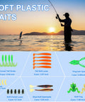Fisherman casting at sunset with soft plastic baits displayed, All In One Fishing Lures Tackle Box Kit With Animated Lure Crankbaits Spinnerbaits
