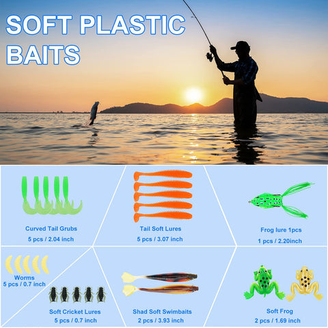 Fisherman casting at sunset with soft plastic baits displayed, All In One Fishing Lures Tackle Box Kit With Animated Lure Crankbaits Spinnerbaits