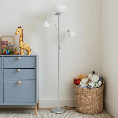 Double LED Floor Lamp With Two Reading Lights Dimmable Torchiere Tall Silver Standing Lamp for Living Room Office and Bedroom reading.