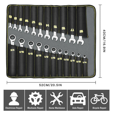 Ratcheting Wrench Set With 22 Pieces Built Tough In CR V Steel 72 Tooth Drive Long Open End Wrenches ANSI Certified in Organizer
