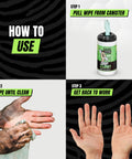 Heavy Duty Hand And Tool Cleaning Wipes Waterless Hand Cleaner For Mechanics Garage And Shop Use Dual Sided Grease Oil And Paint Remover Wipes With Citrus Scent 30 Count No Sink Needed For Quick Cleanups After Messy Jobs canister and usage steps