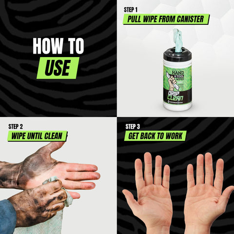 Heavy Duty Hand And Tool Cleaning Wipes Waterless Hand Cleaner For Mechanics Garage And Shop Use Dual Sided Grease Oil And Paint Remover Wipes With Citrus Scent 30 Count No Sink Needed For Quick Cleanups After Messy Jobs canister and usage steps