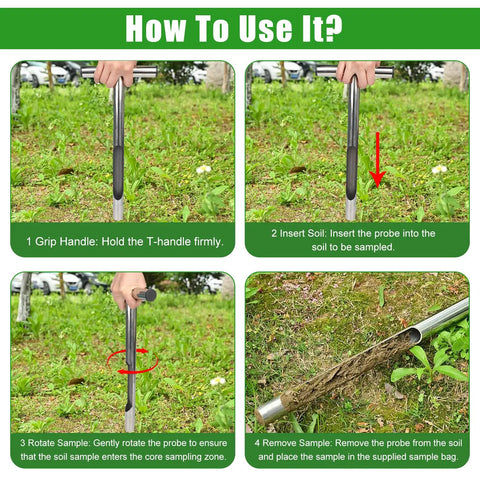 Step-by-step guide using 12 Inch Stainless Steel Soil Probe With T-Handle in a garden for precise soil sampling in lawn and pots.
