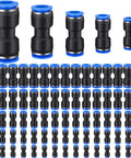 Front view of a 100-pack of plastic straight push-to-connect air hose fittings with blue ends for 4–12 mm tubes